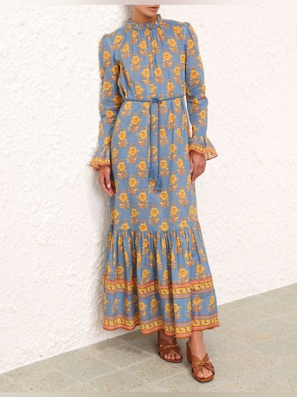 NWT Zimmermann JUNIE FRILL MIDI DRESS in Blue Yellow floral - Picture 3 of 14
